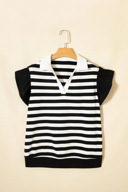 DLLS381- Ladies Black Stripe Collar V Neck Ruffled Short Sleeve Blouse