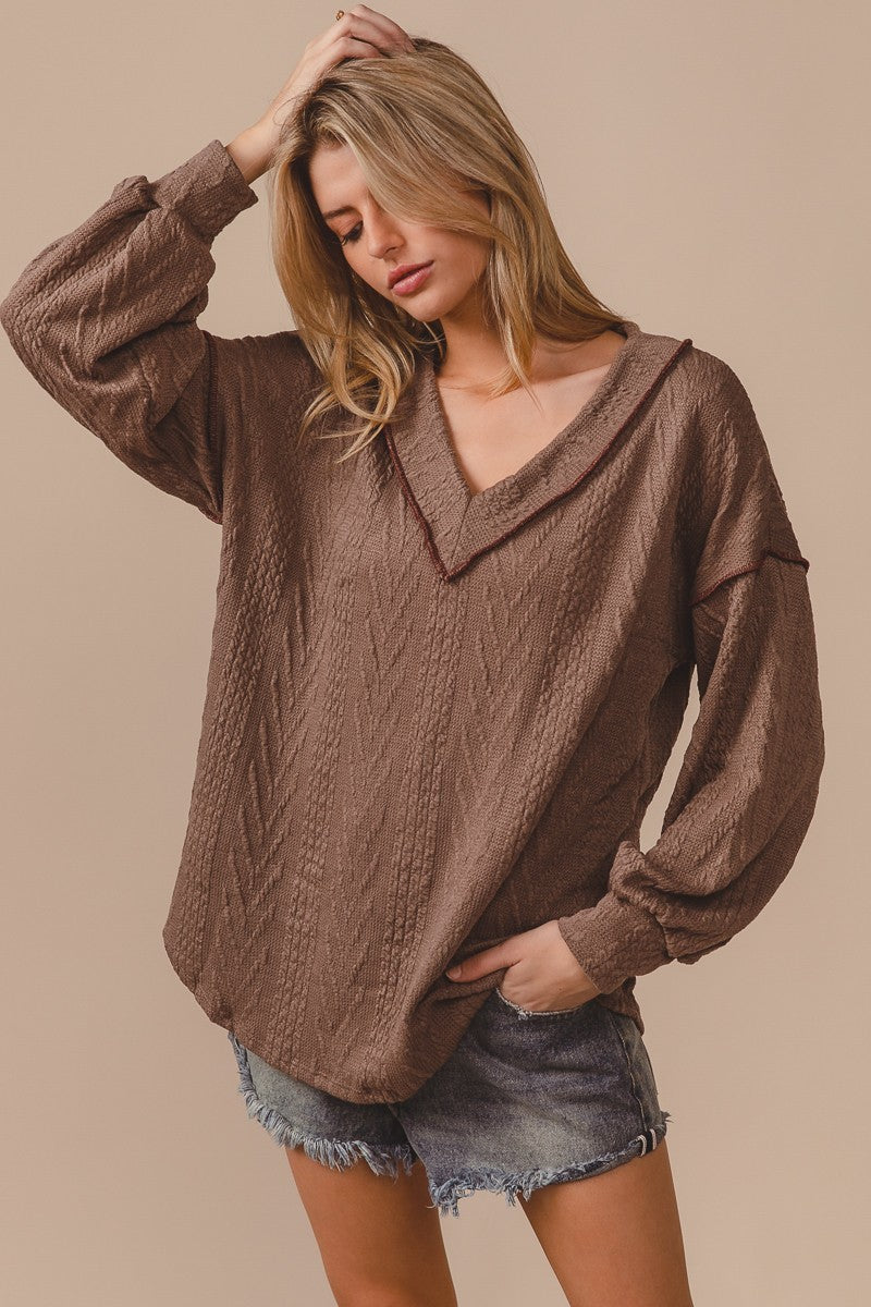 Load image into Gallery viewer, BIBI17- Ladies Corded Sweater With Out Stitching Detailed V Neck
