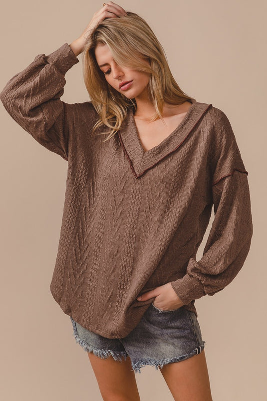 BIBI17- Ladies Corded Sweater With Out Stitching Detailed V Neck