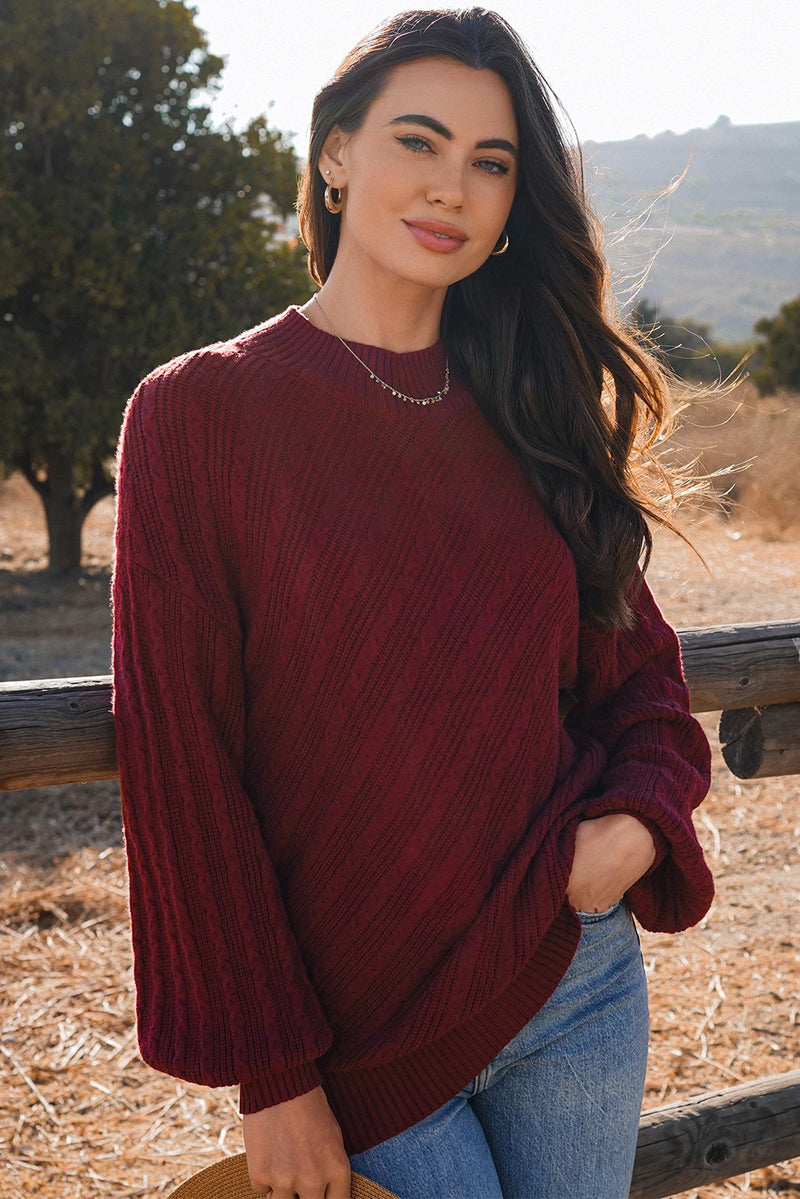 Load image into Gallery viewer, DLLS302 - Ladies Red Dahlia Textured Knit High Neck Drop Shoulder Sweater
