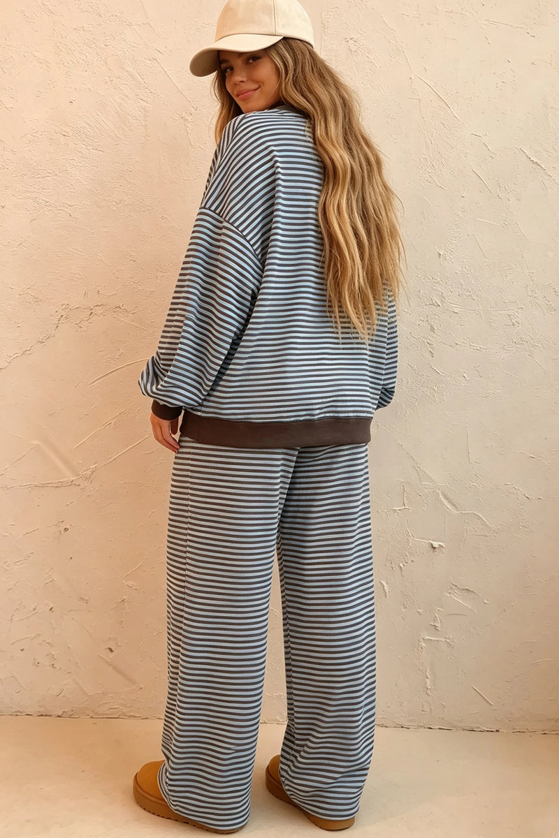 Load image into Gallery viewer, DLLS1053 - Ladies Brown Stripe Drop Shoulder Loose Top and Pants Two Piece Set
