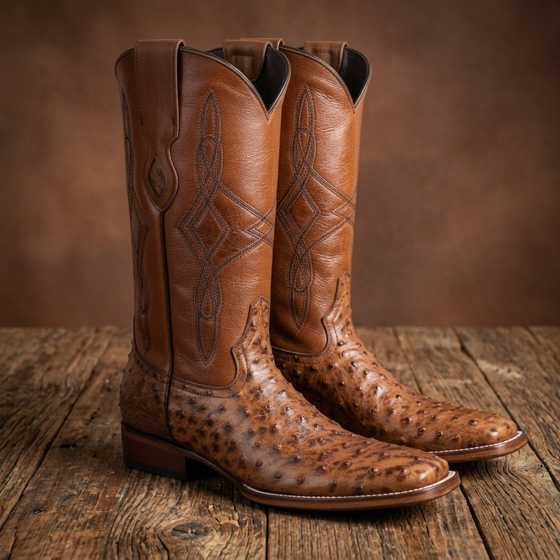 Load image into Gallery viewer, 8006 - RockinLeather Men's Cognac Full Quill Ostrich Square Toe Western Boot
