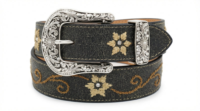 Load image into Gallery viewer, N3447001 - Nocona Women's Distressed Black Belt W/Floral Embroidery
