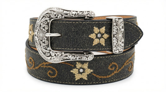 N3447001 - Nocona Women's Distressed Black Belt W/Floral Embroidery