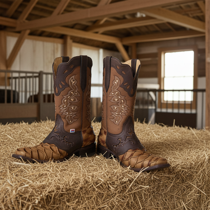 Load image into Gallery viewer, 1244 - RockinLeather Men&#39;s Pirarucu Print Leather Boot W/Overlay
