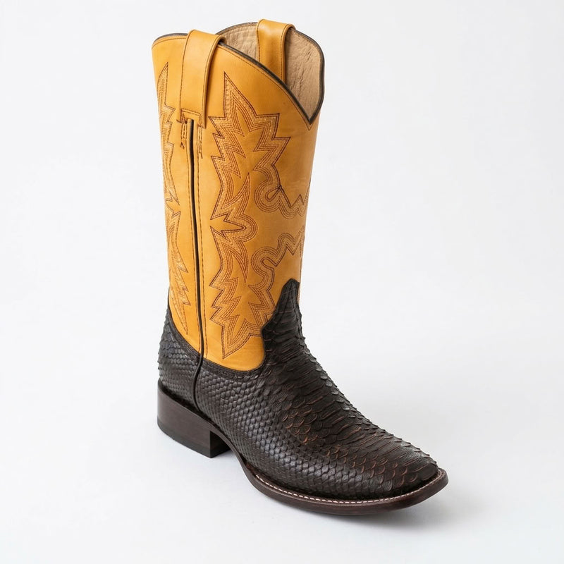 Load image into Gallery viewer, CP5007 - Cowboy Prayer Black Python Print W/Yellow Underlay Western Boot
