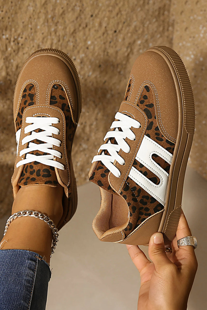 Load image into Gallery viewer, DLLSHOE 59 - Coffee Faux Suede Leopard Color Block Patchwork Sneakers
