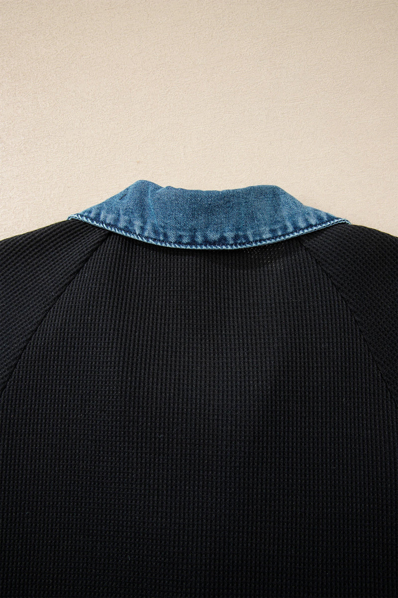 Load image into Gallery viewer, DLLS488 - Ladies Black Waffle Knit Denim Contrast Trim Patchwork Button Polo Tee Dress
