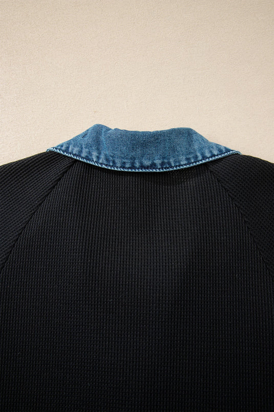 DLLS488 - Ladies Black Waffle Knit Denim Contrast Trim Patchwork Button Polo Tee Dress