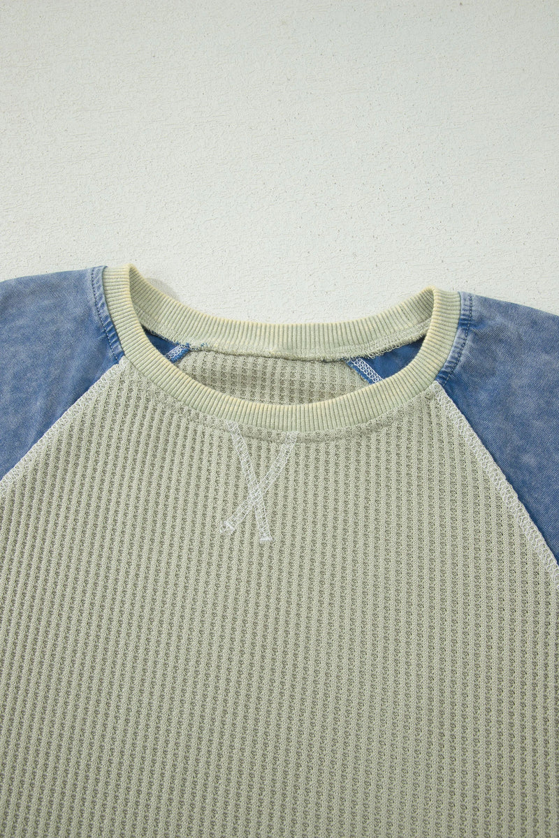 Load image into Gallery viewer, DLLS943 - Ladies Green Waffle Knit Seam Detail Color Block Patchwork Short Sleeve Top
