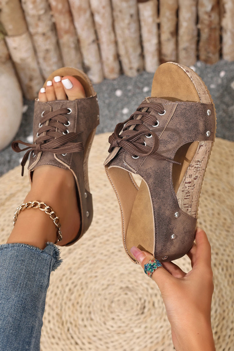 Load image into Gallery viewer, DLLSHOE 81 - Coffee Lace-up Studded Cutout Wedge Platform Slippers
