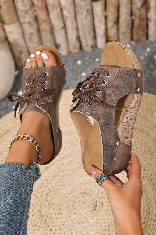 DLLSHOE 81 - Coffee Lace-up Studded Cutout Wedge Platform Slippers