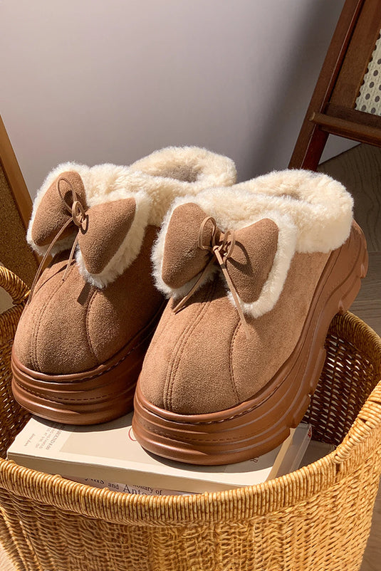 DLLSHOE 131 - Straw Yellow Cozy Faux Fur Lined Bow Decor Clog Slippers