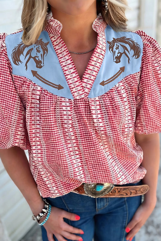 DLLS589 - Ladies Red Western Pony Embroidered Yoke Puff Sleeve Gingham Blouse