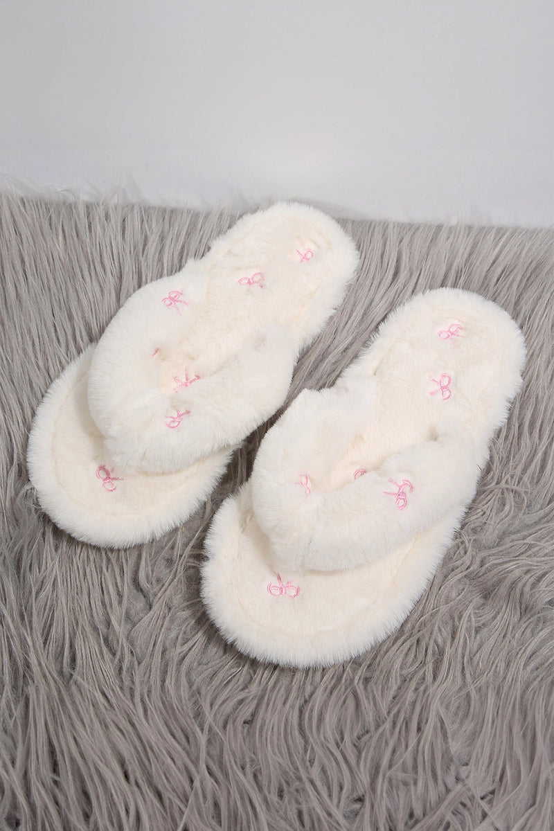 Load image into Gallery viewer, DLLSHOE 181 - White Faux Fur Tiny Bow Detail Flip Flop Slippers
