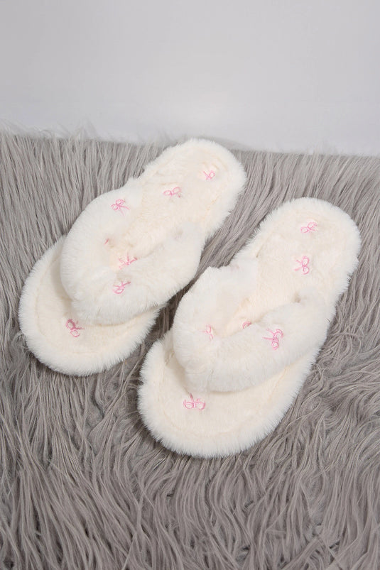 DLLSHOE 181 - White Faux Fur Tiny Bow Detail Flip Flop Slippers