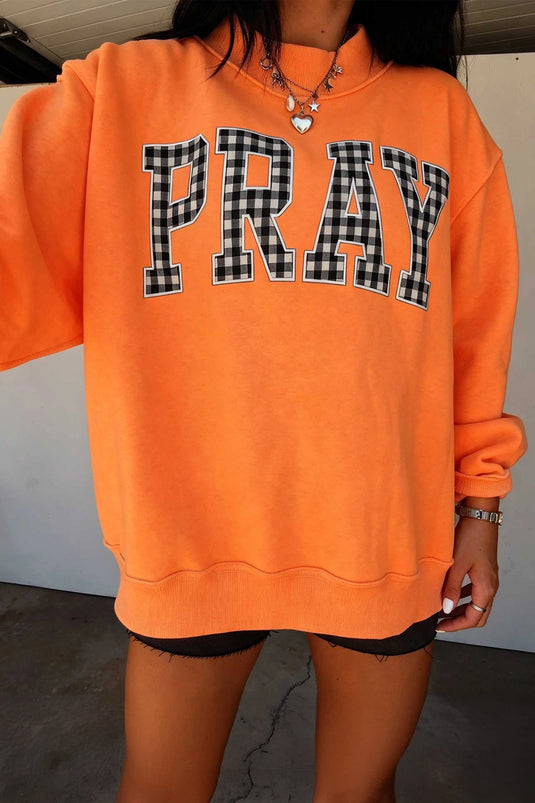 DLLS981 - Ladies Orange PRAY Polka Dot Embroidered Mock Neck Sweatshirt