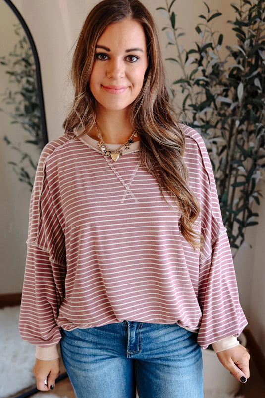 DLLS313 - Ladies Pink Stripe Exposed Stitching Patchwork Casual Long Sleeve Top