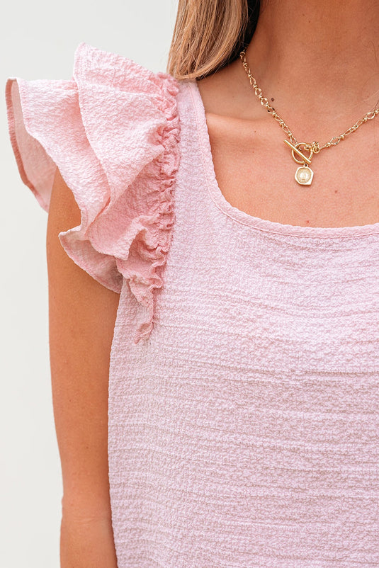 DLLS345 - Ladies Gossamer Pink Textured Bow Knot Frilled Butterfly Sleeve Blouse