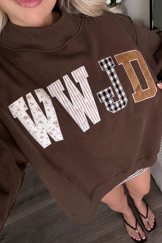 DLLS1139 - Ladies Coffee WWJD Pattern Embroidered Patch Graphic Mock Sweatshirt