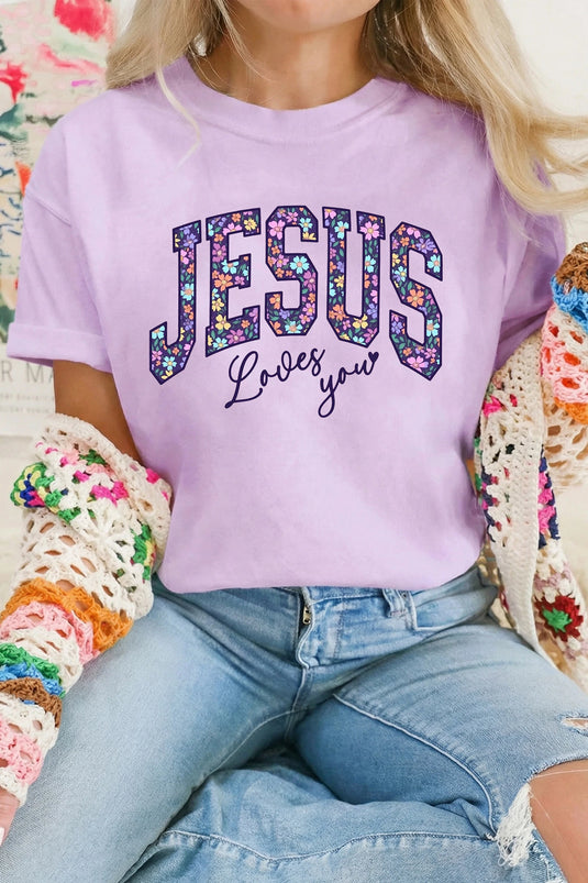 DLLS803 - Ladies Orchid Petal Christian Floral Letter Graphic Round Neck T Shirt