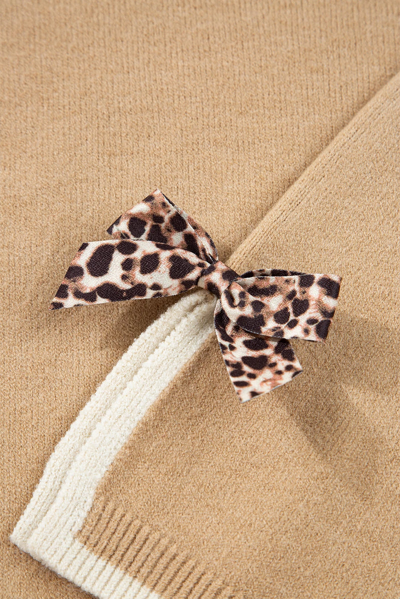 Load image into Gallery viewer, DLLS398 - Ladies Tan Leopard Bow Decor Split Cuff Contrast Trim Sweater
