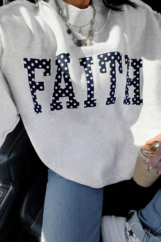 DLLS730 - Ladies Light Grey High Neck Polka Dot Slogan Printed Baggy Sweatshirt