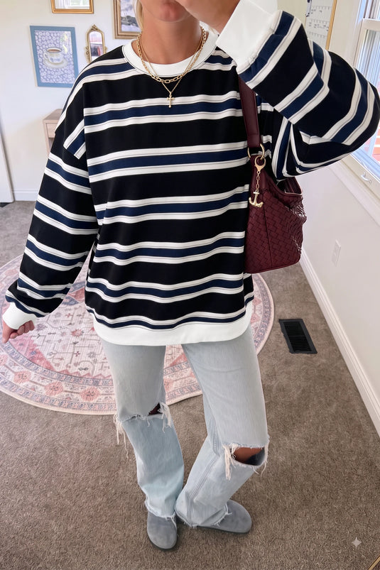 DLLS968 - Ladies Blue Stripe Ribbed Color Block Trim Round Neck Dropped Shoulder Sweatshirt
