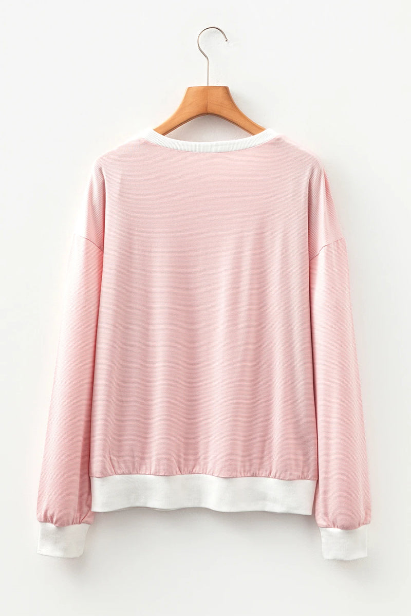 Load image into Gallery viewer, DLLS200 - Ladies Pink Stripe Contrast Edge Patchwork Long Sleeve Top
