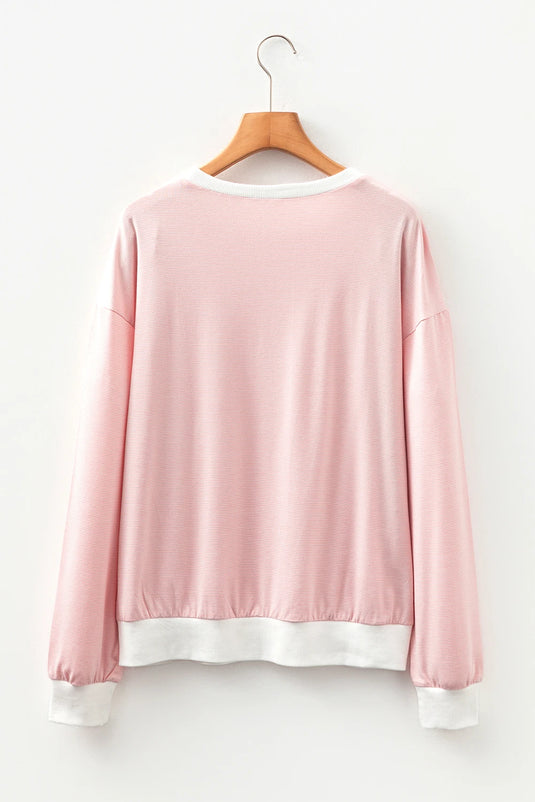 DLLS200 - Ladies Pink Stripe Contrast Edge Patchwork Long Sleeve Top