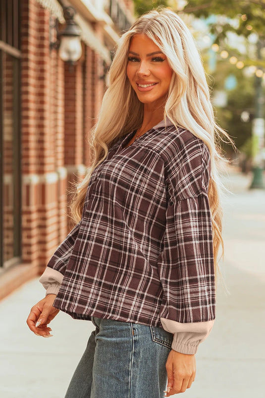 DLLS327 - Ladies Brown Plaid Patchwork Long Sleeve Button Hooded Blouse
