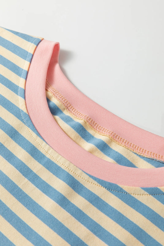 DLLS468 - Ladies Sky Blue Stripe Contrast Crew Neck Drop Shoulder Loose Tee