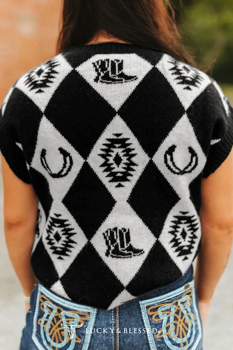 Load image into Gallery viewer, DLLS789 - Ladies Black Retro Rhombus Western Print Drop Shoulder Short Sleeve Sweater
