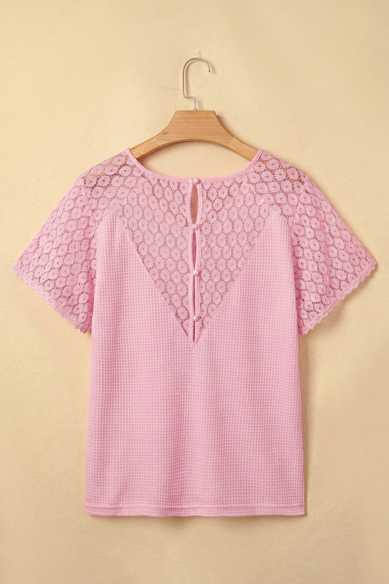 Load image into Gallery viewer, DLLS709 - Ladies Pink Lace Splicing Button Cutout V Neck Waffle Knit Blouse
