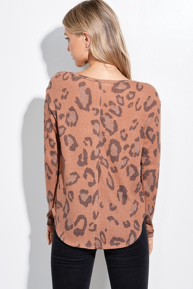 Load image into Gallery viewer, PL4 - Ladies Leopard Print Soft Waffle Long Sleeve Henley Top
