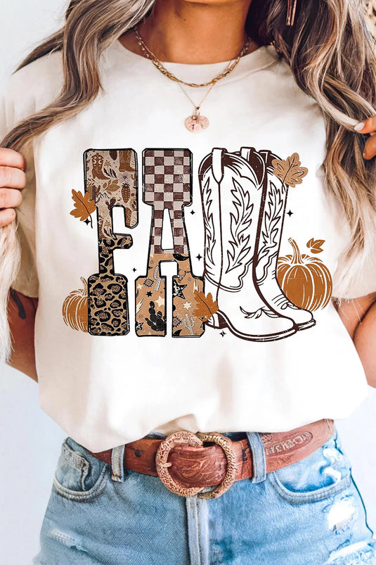 DLLS788 - Ladies White FALL Letter Print Western Thanksgiving Graphic T-Shirt