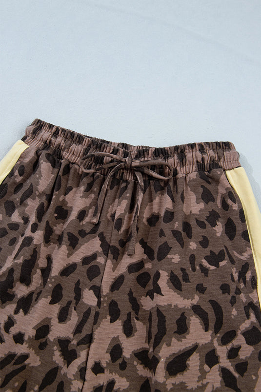 DLLS1086 - Ladies Brown Leopard Print Long Sleeve V-Neck Wide Leg Pant Set