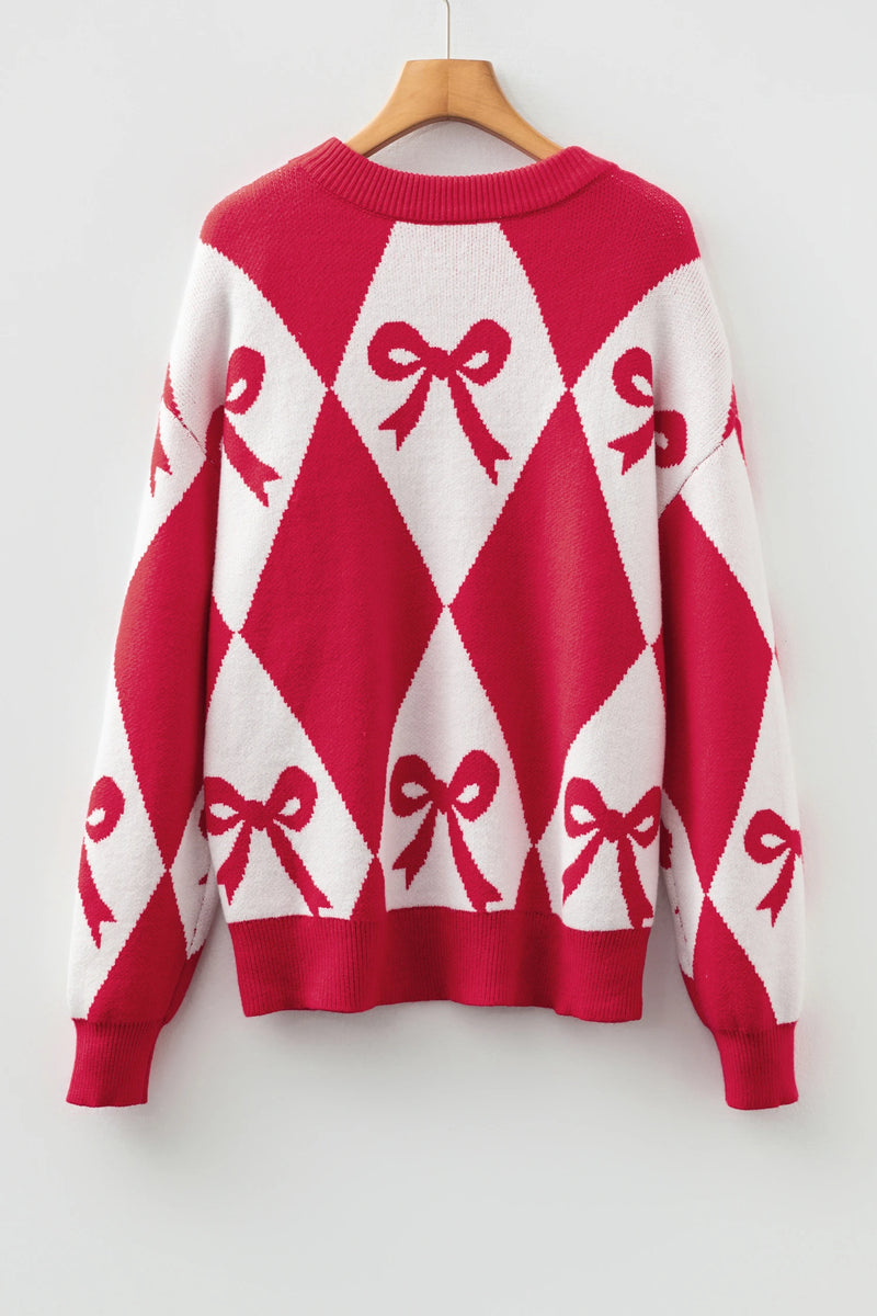 Load image into Gallery viewer, DLLS232 - Ladies Red Bow Print 2-Tone Rhombus Knit Loose Sweater

