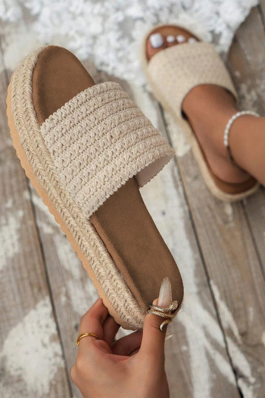 DLLSHOE 138 - White Boho Woven Non-Slip Wedge Slippers