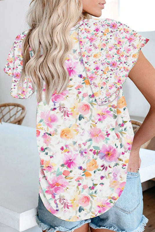 DLLS536 - Ladies Pink V-Neck Short Sleeve Fashion Print Fantasy Fluttering Blouse
