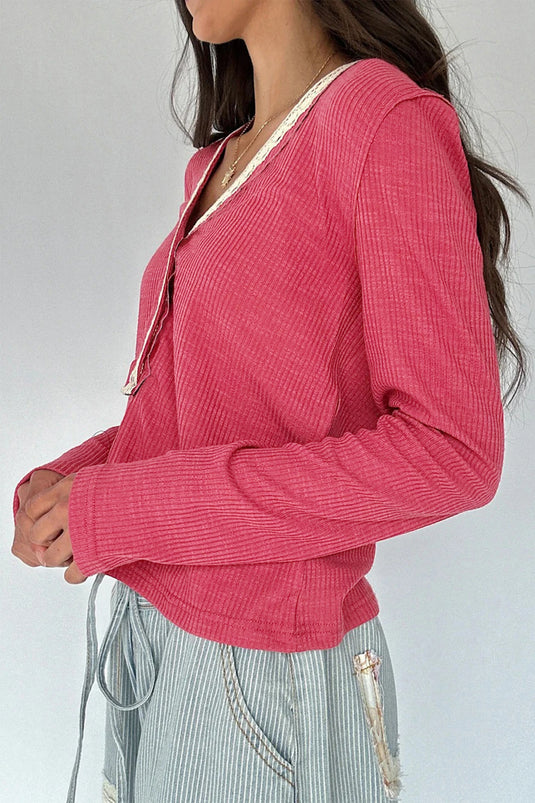 DLLS282 - Ladies Racing Red Ribbed Texture Contrasted Lace Trim Button V Neck Long Sleeve Top