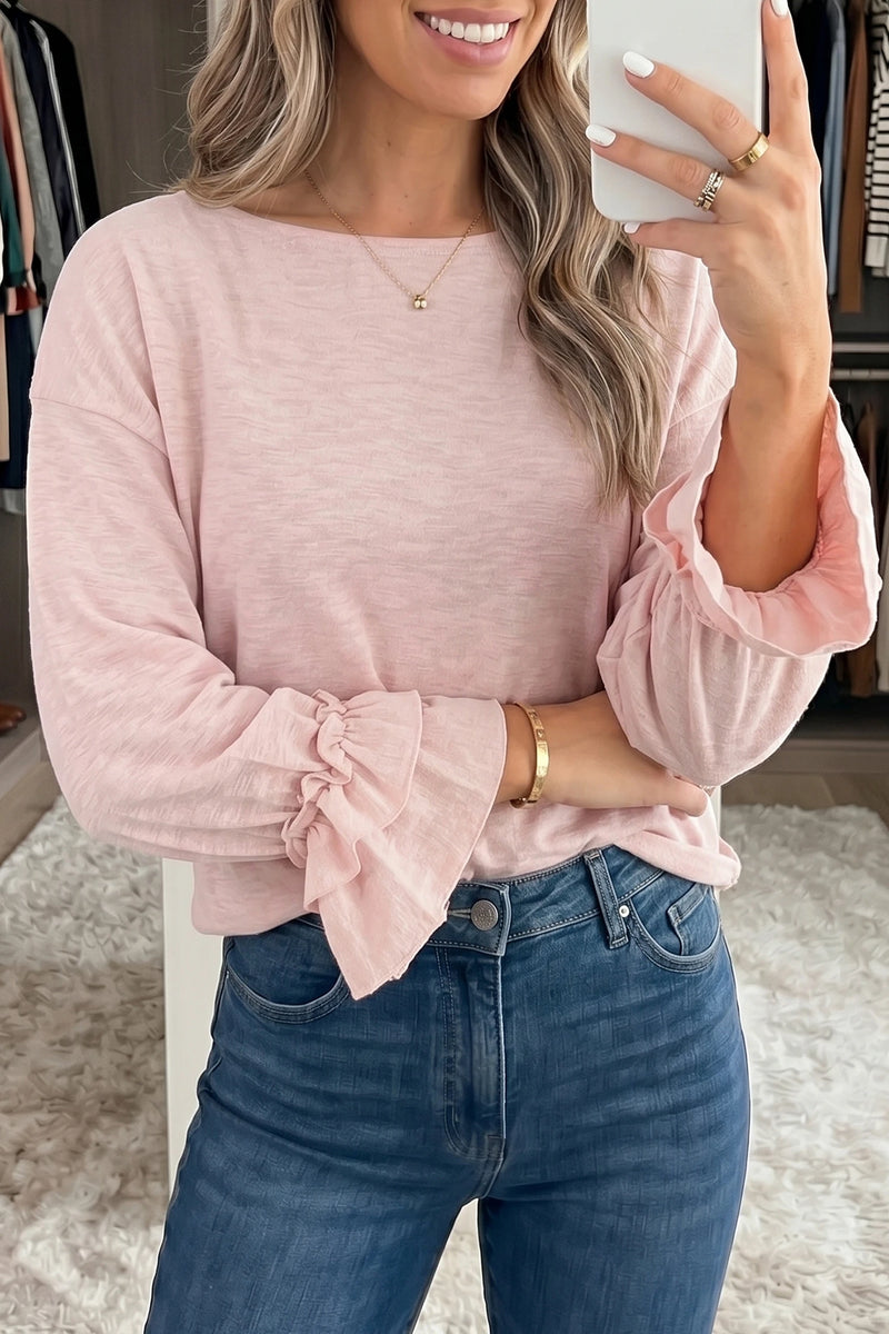 Load image into Gallery viewer, DLLS696 - Ladies Gossamer Pink Ruffle Sleeve Long Sleeve Loose Pullover Top
