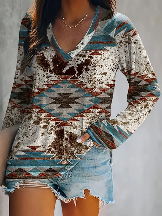 TMTSHT27 - Women's Tribal Print V Neck LS Shirt