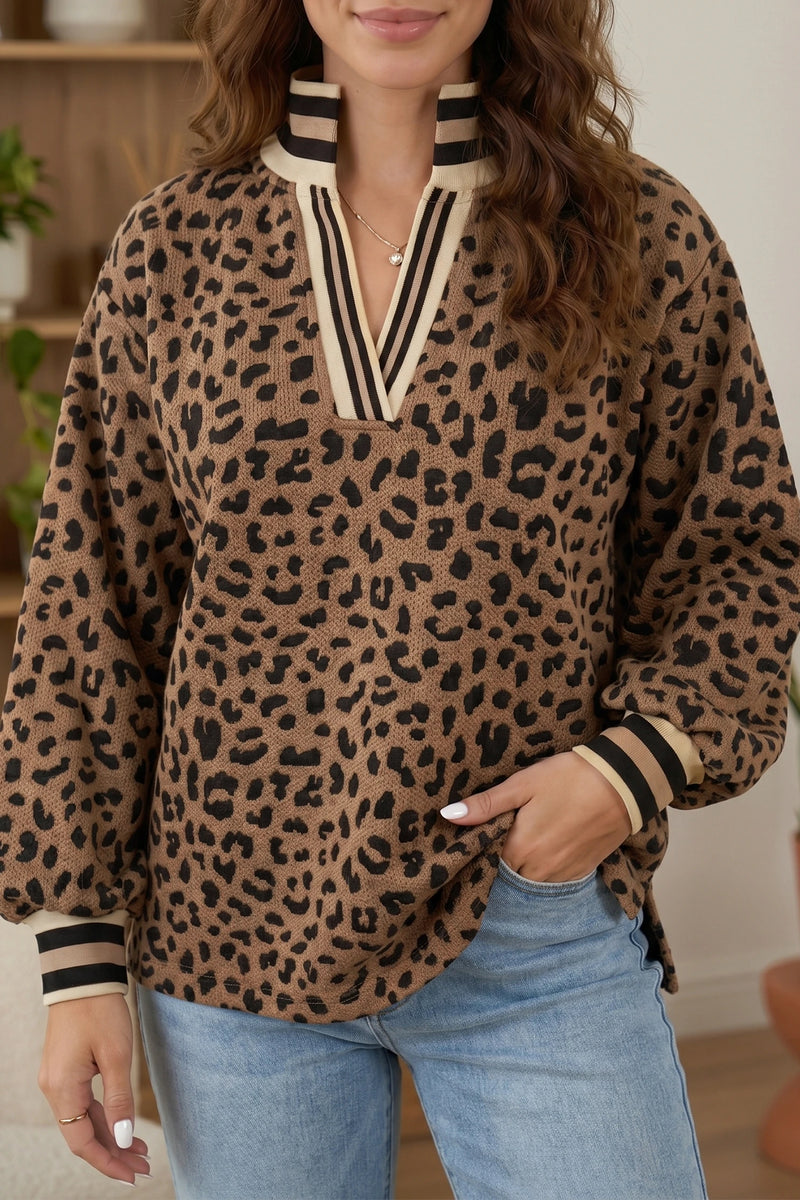 Load image into Gallery viewer, DLLS729 - Ladies Brown Leopard Print Striped Trim Collar Long Sleeve Shift Pullover
