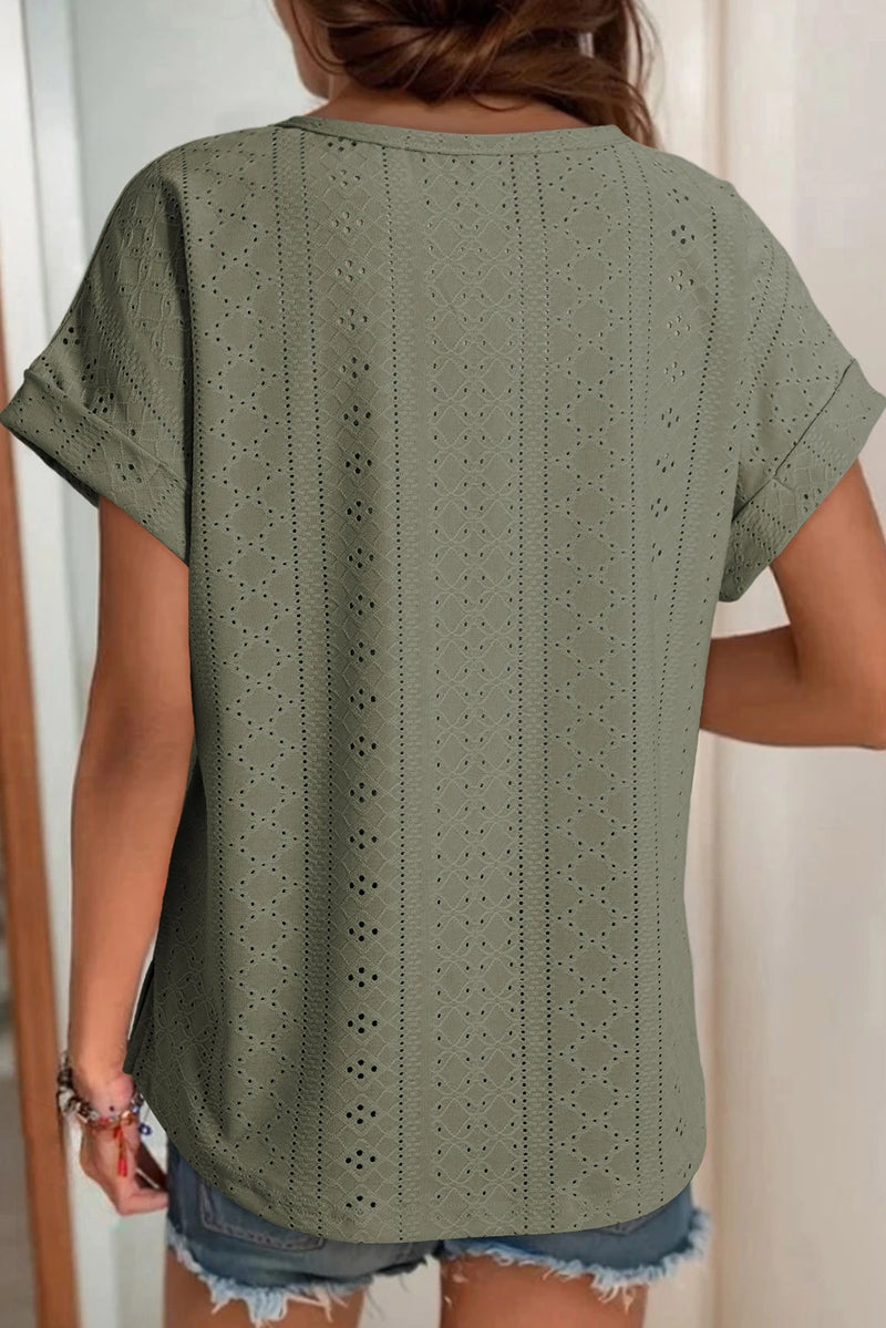 Load image into Gallery viewer, DLLS486 - Ladies Four Leaf Clover Eyelet Jacquard Cuffed Short Sleeve Top
