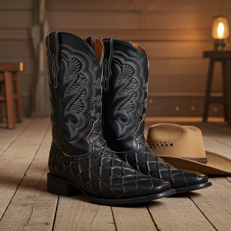 Load image into Gallery viewer, CP1702 - Cowboy Prayer Pirarucu Print w/Yellow Underlay Cowboy Boots
