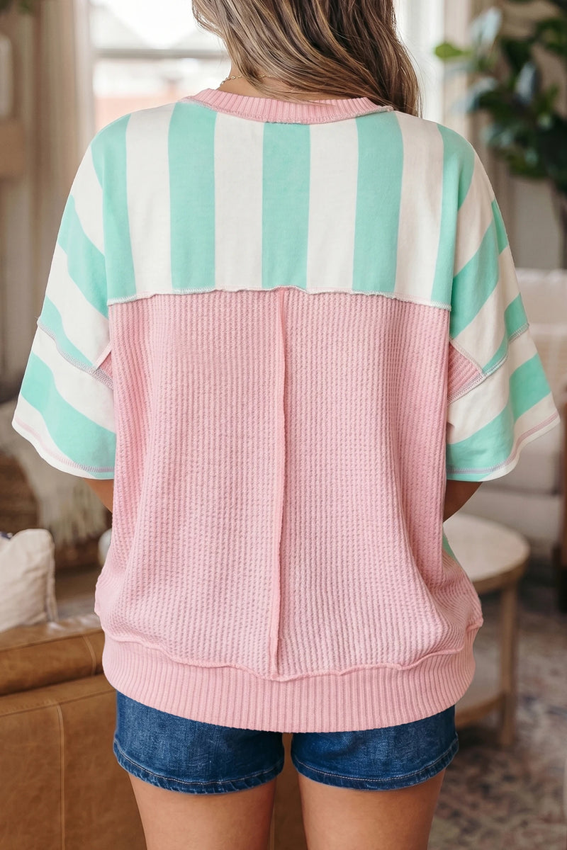 Load image into Gallery viewer, DLLS715 - Ladies Green Stripe Exposed Seam Ribbed Patchwork Oversized Tee
