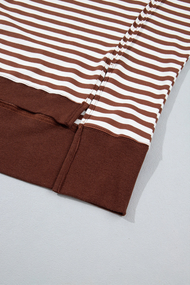 Load image into Gallery viewer, DLLS1087 - Ladies Brown Stripe Color Block Trim Raw Seam Split Hem Loose Pullover Sweatshirt

