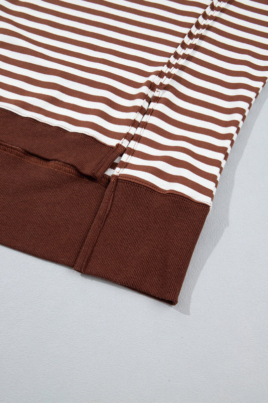 DLLS1087 - Ladies Brown Stripe Color Block Trim Raw Seam Split Hem Loose Pullover Sweatshirt