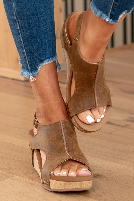 DLLSHOE 40 - Brown Vintage Leather Stitching Studded Wedge Sandals